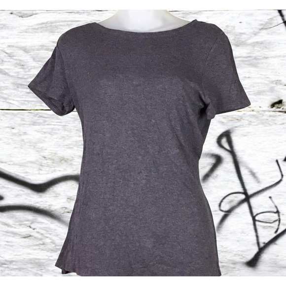 H by Bordeaux Womens Large Gray Ribbed Knit Scoop Neck Short Sleeve T-Shirt Top - Picture 2 of 13